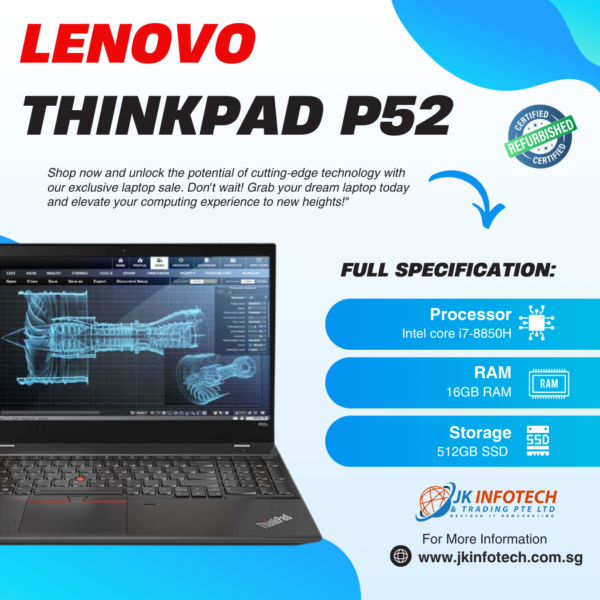 Refurbished -Lenovo ThinkPad P52 workstation 15.6 inch Intel core i7-8850H 16GB RAM 512GB SSD 4GB Nvidia Graphics Windows 10 Pro